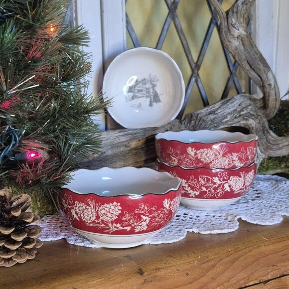 🎄 Set of 4 Red Porcelain Wavy Edged Bowls - White Pinecones & Grey Landscape - Picture 1 of 9